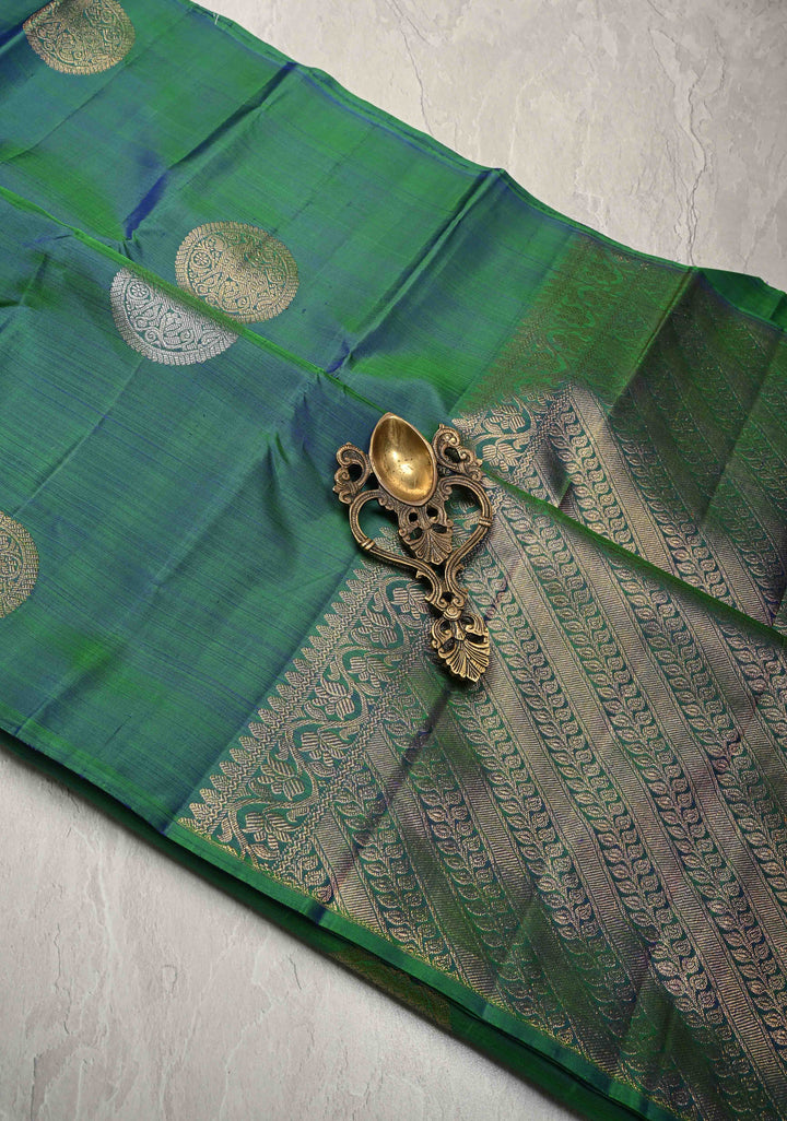 Peacock Green Dual tone Borderless Pure Kanjivaram Silk Saree with Gold-Silver Deer Motifs  | SILK MARK CERTIFIED