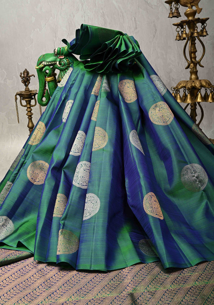 Peacock Green Dual tone Borderless Pure Kanjivaram Silk Saree with Gold-Silver Deer Motifs  | SILK MARK CERTIFIED