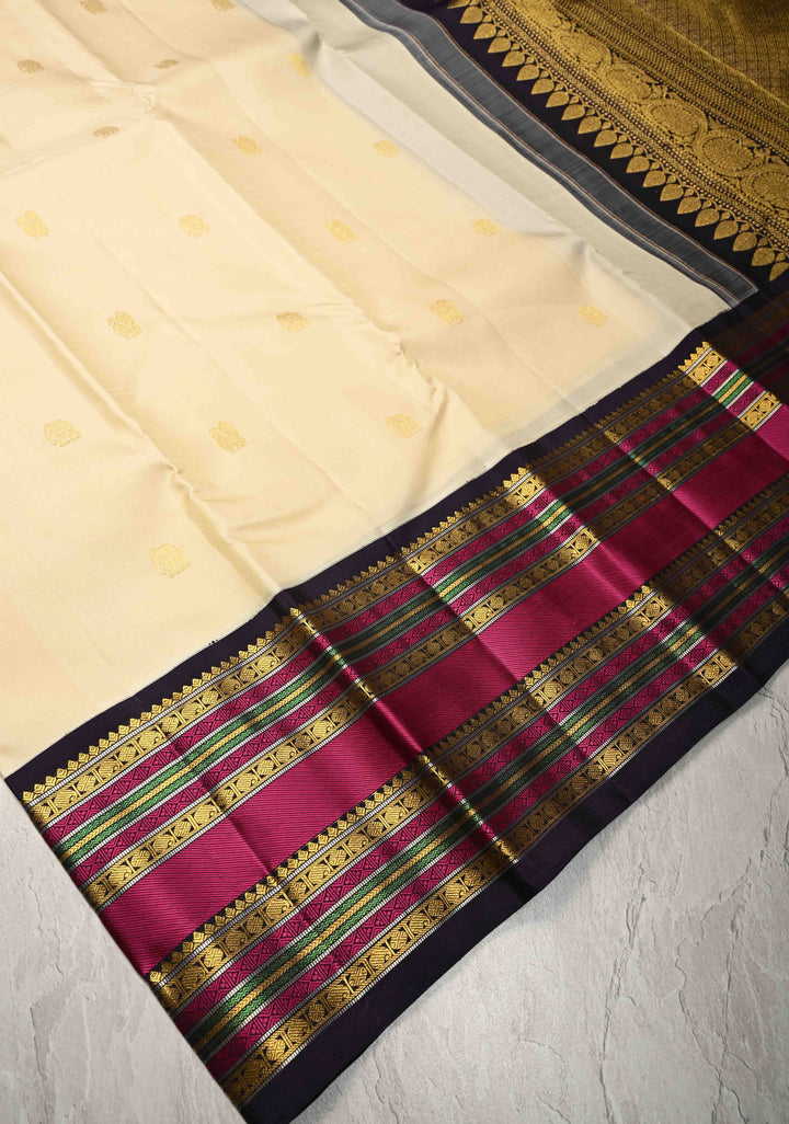 Off White Korvai Kanjivaram Pure Silk Saree with Zari Buttas and Contrast  Zari Border | SILK MARK CERTIFIED