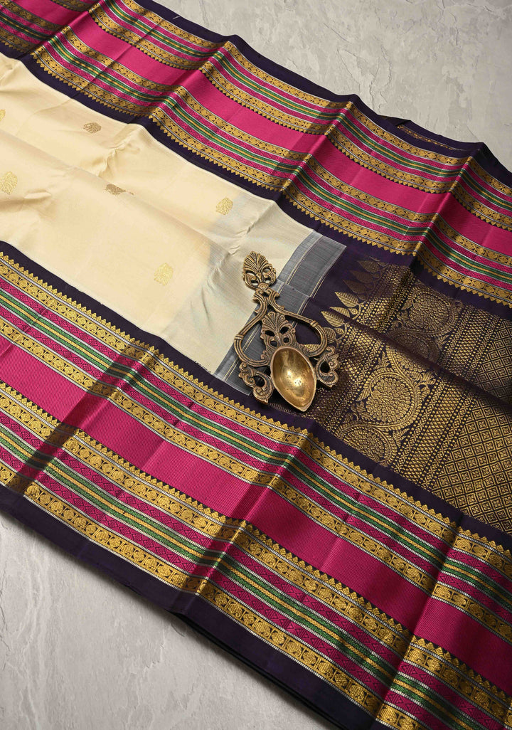 Off White Korvai Kanjivaram Pure Silk Saree with Zari Buttas and Contrast  Zari Border | SILK MARK CERTIFIED