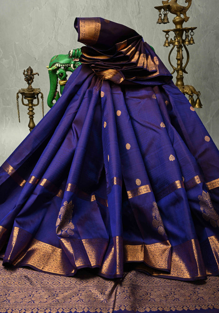Ink Blue Kanjivaram Pure Silk Saree with Copper Zari Buttas and Damask Motifs on Zari Border | SILK MARK CERTIFIED