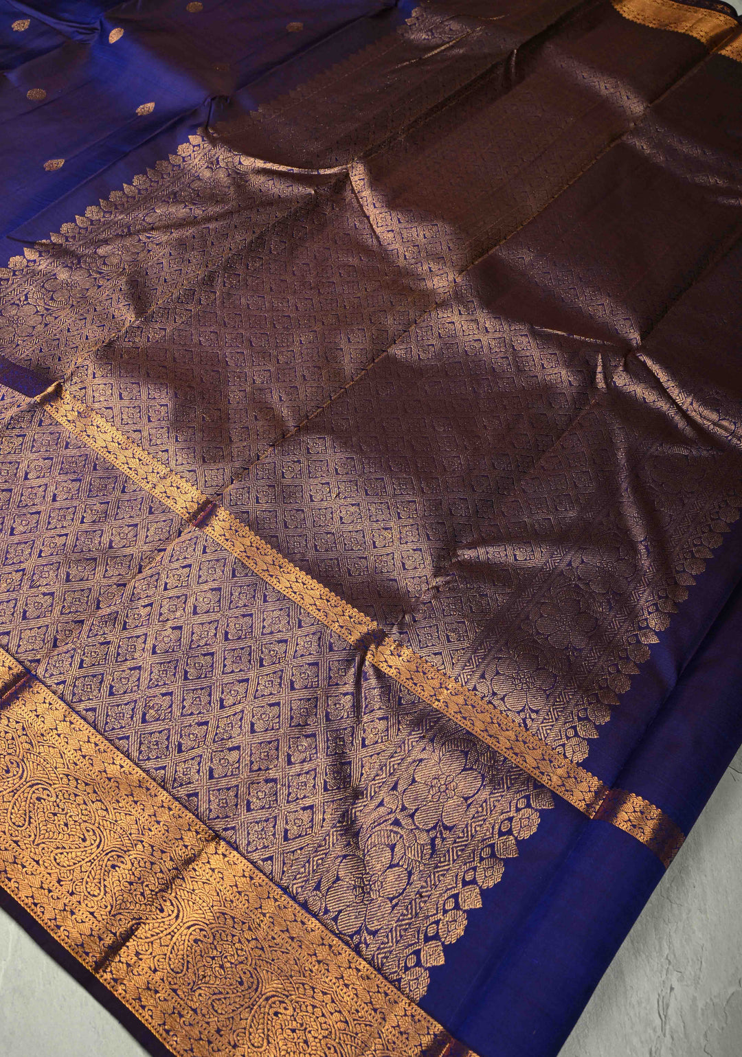 Ink Blue Kanjivaram Pure Silk Saree with Copper Zari Buttas and Damask Motifs on Zari Border | SILK MARK CERTIFIED