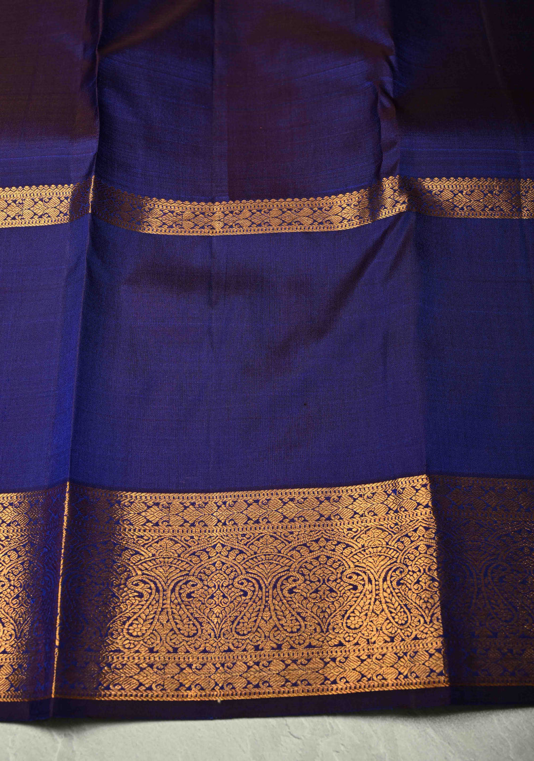 Ink Blue Kanjivaram Pure Silk Saree with Copper Zari Buttas and Damask Motifs on Zari Border | SILK MARK CERTIFIED