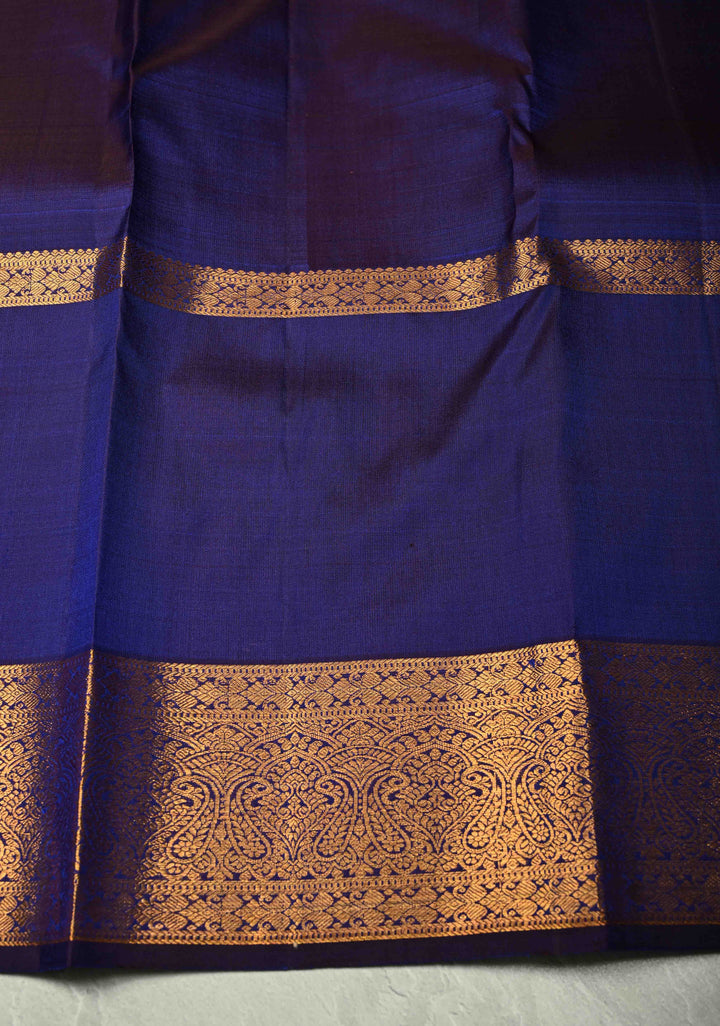 Ink Blue Kanjivaram Pure Silk Saree with Copper Zari Buttas and Damask Motifs on Zari Border | SILK MARK CERTIFIED