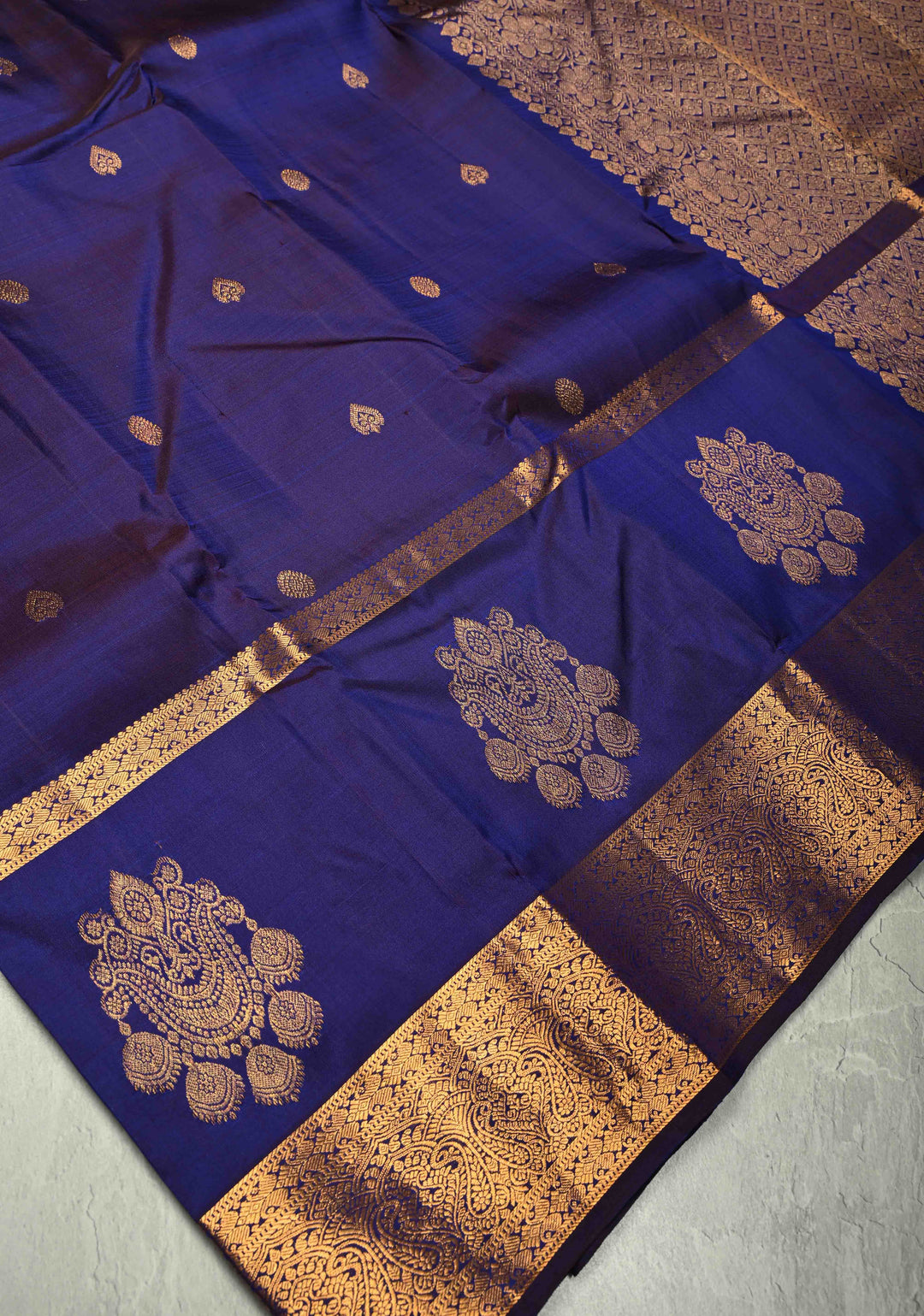 Ink Blue Kanjivaram Pure Silk Saree with Copper Zari Buttas and Damask Motifs on Zari Border | SILK MARK CERTIFIED