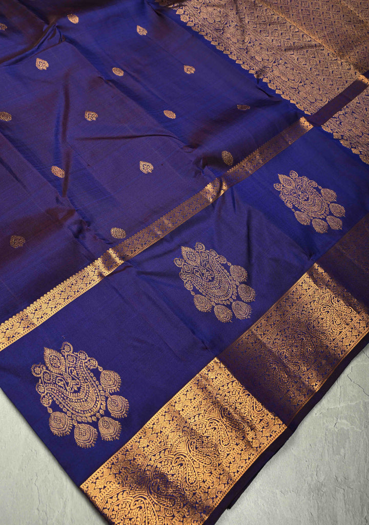 Ink Blue Kanjivaram Pure Silk Saree with Copper Zari Buttas and Damask Motifs on Zari Border | SILK MARK CERTIFIED