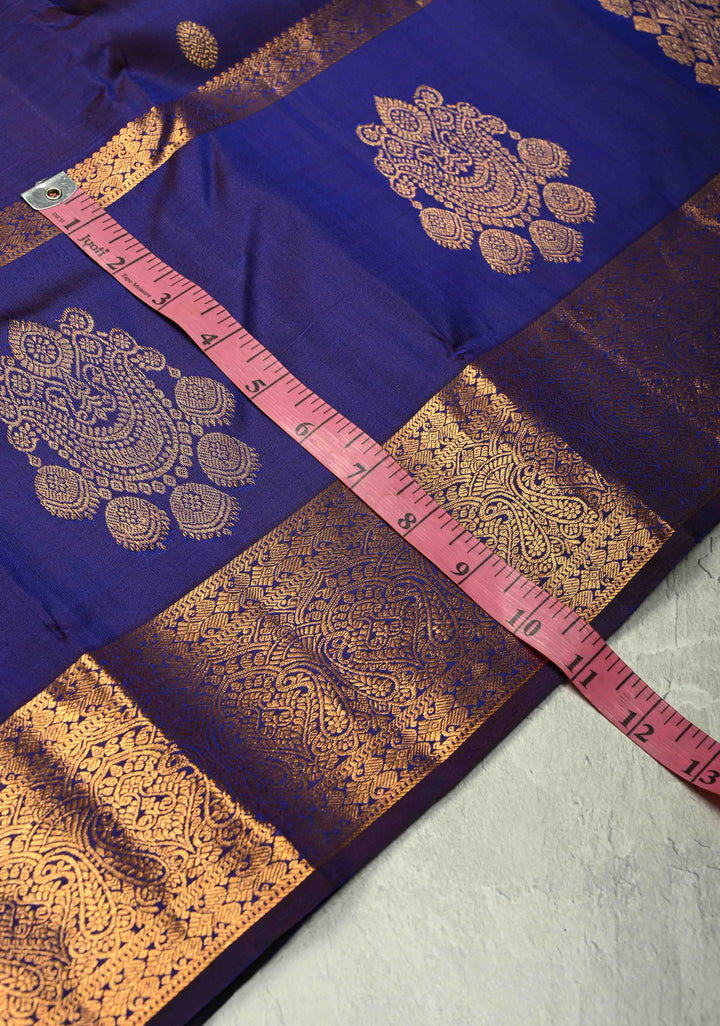 Ink Blue Kanjivaram Pure Silk Saree with Copper Zari Buttas and Damask Motifs on Zari Border | SILK MARK CERTIFIED