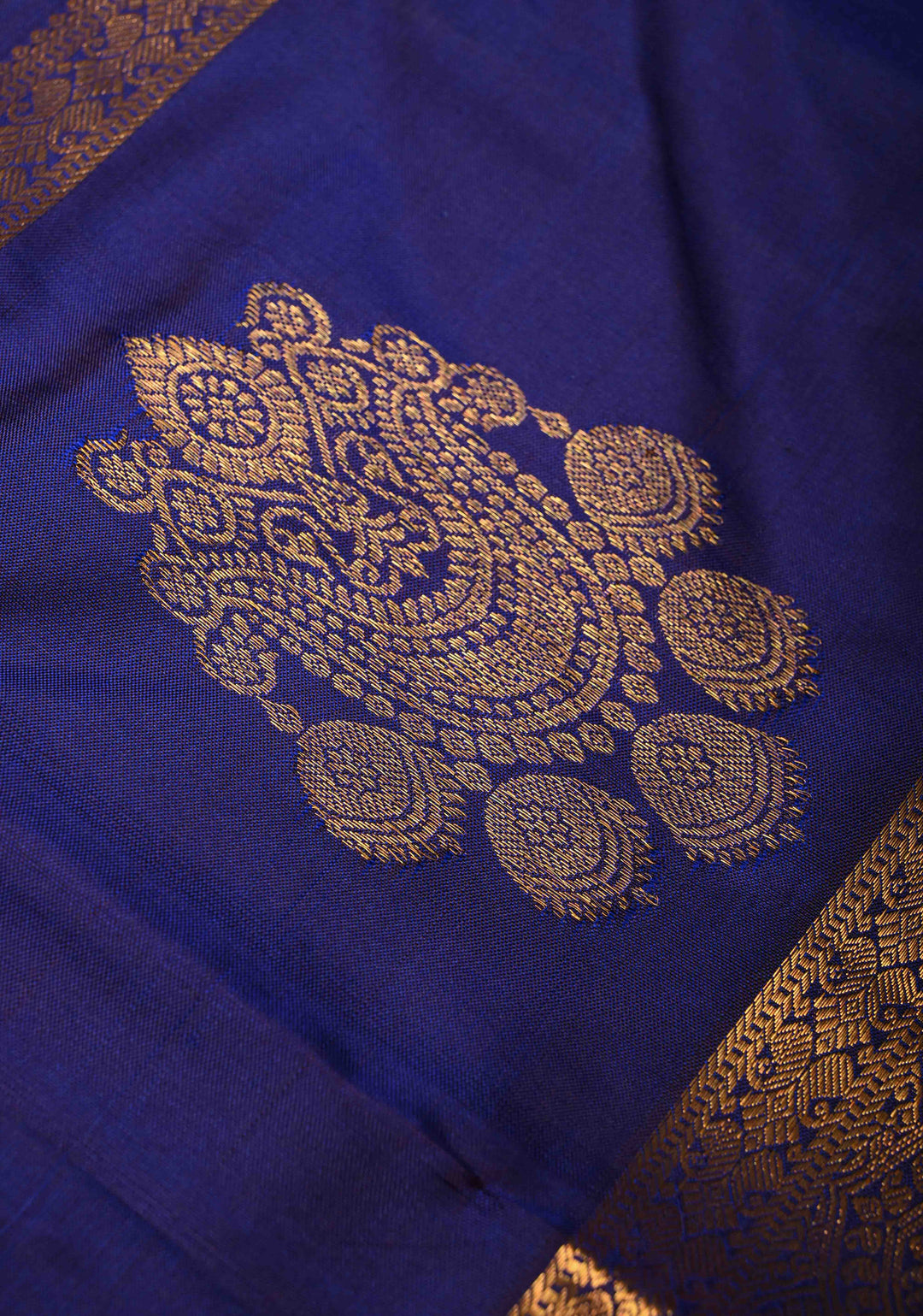Ink Blue Kanjivaram Pure Silk Saree with Copper Zari Buttas and Damask Motifs on Zari Border | SILK MARK CERTIFIED