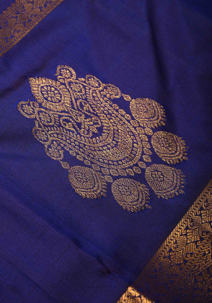 Ink Blue Kanjivaram Pure Silk Saree with Copper Zari Buttas and Damask Motifs on Zari Border | SILK MARK CERTIFIED