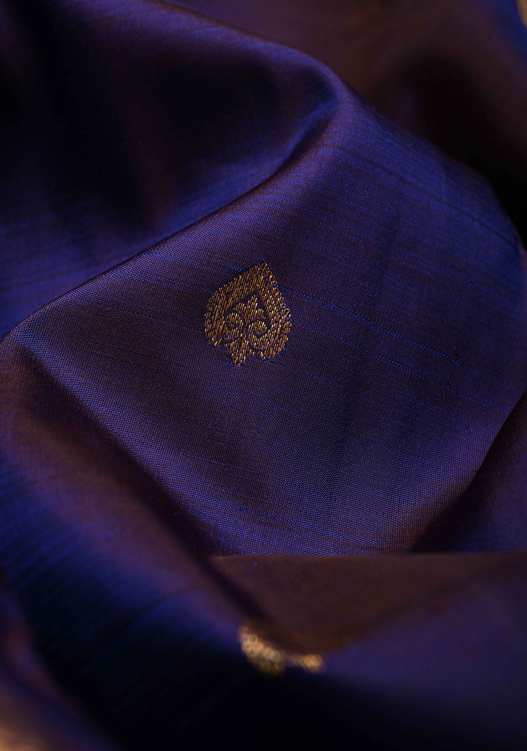 Ink Blue Kanjivaram Pure Silk Saree with Copper Zari Buttas and Damask Motifs on Zari Border | SILK MARK CERTIFIED