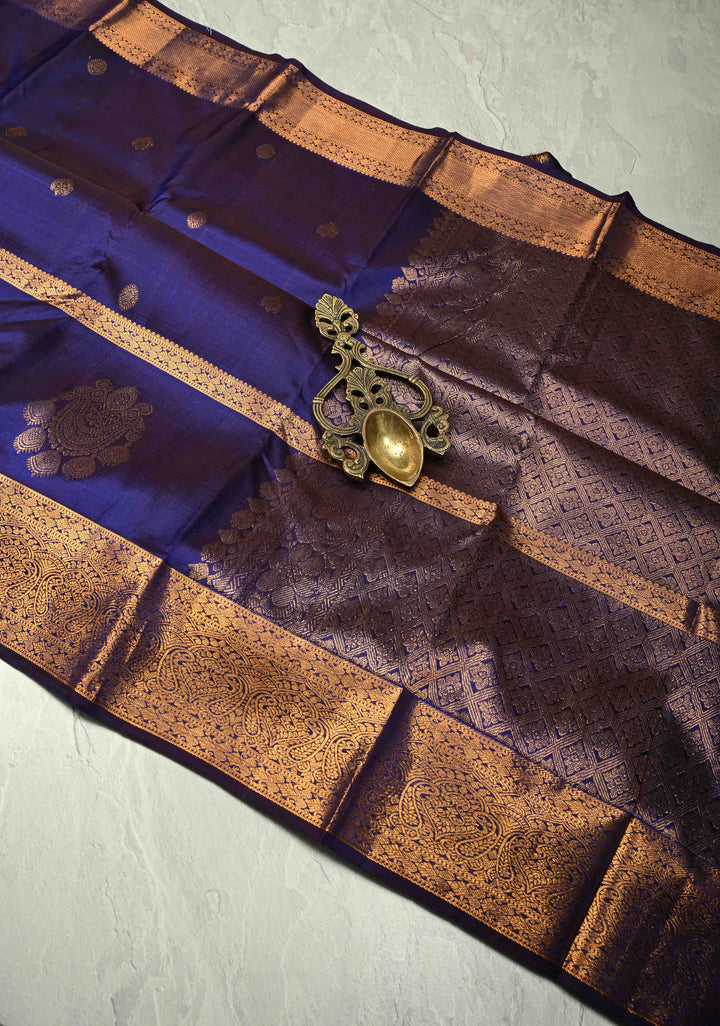 Ink Blue Kanjivaram Pure Silk Saree with Copper Zari Buttas and Damask Motifs on Zari Border | SILK MARK CERTIFIED