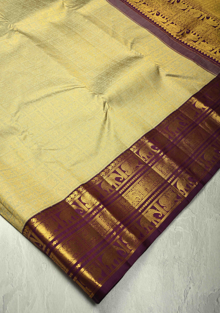 Pure Zari Light Pista Green Korvai Weave Kanjivaram Pure Silk Saree with Patola Brocade and Zari Border | SILK MARK CERTIFIED