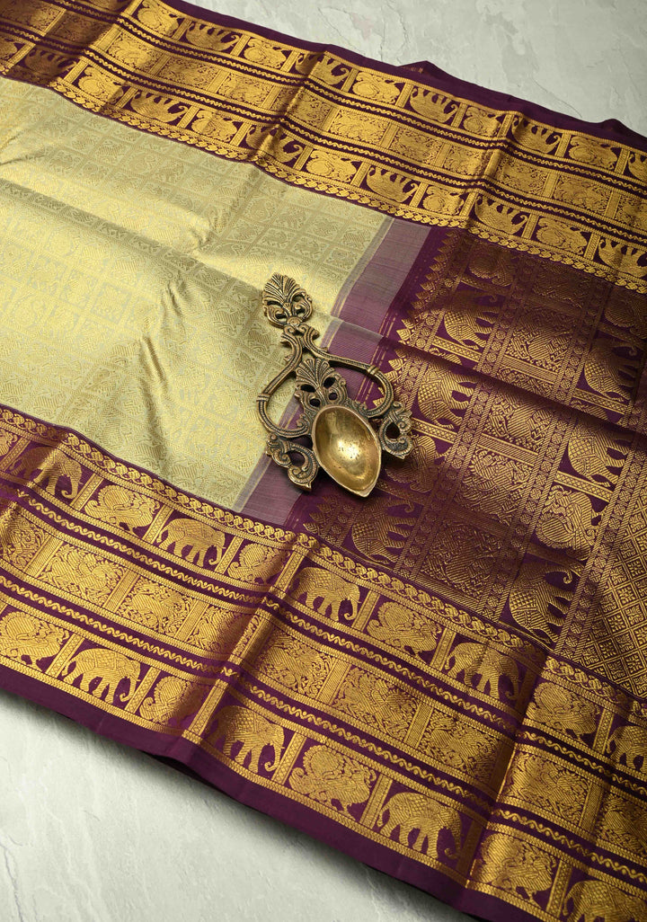 Pure Zari Light Pista Green Korvai Weave Kanjivaram Pure Silk Saree with Patola Brocade and Zari Border | SILK MARK CERTIFIED