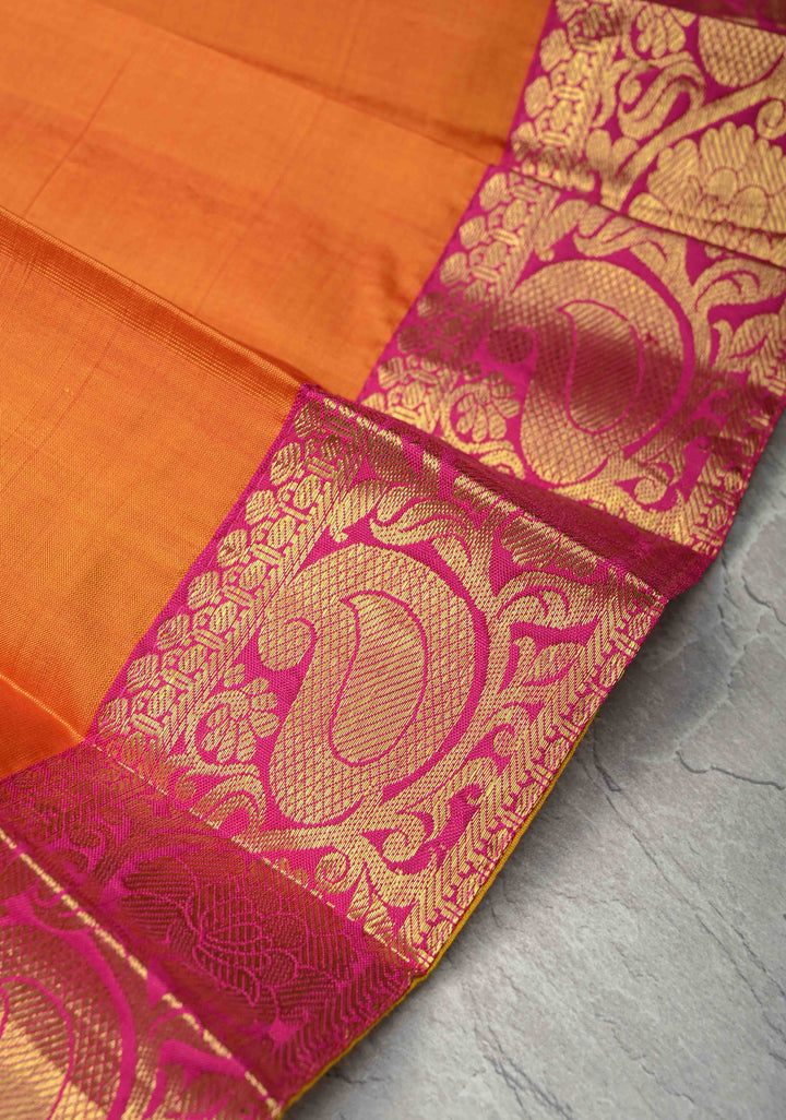 Mustard Zari Buttas on Pure Silk Pavadas with Pink Border for Varamahalakshmi with Pleated and Lined ( Lining )
