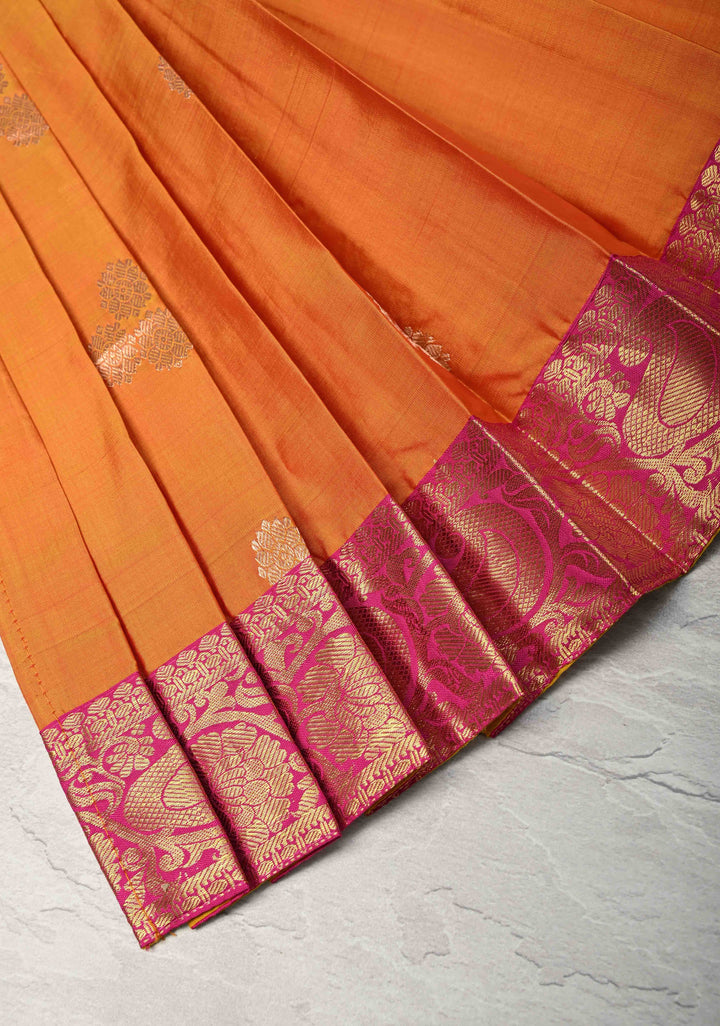 Mustard Zari Buttas on Pure Silk Pavadas with Pink Border for Varamahalakshmi with Pleated and Lined ( Lining )