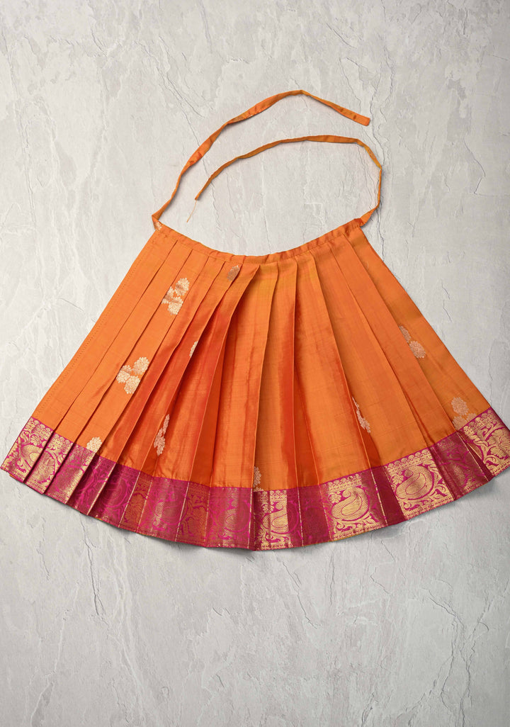Mustard Zari Buttas on Pure Silk Pavadas with Pink Border for Varamahalakshmi with Pleated and Lined ( Lining )