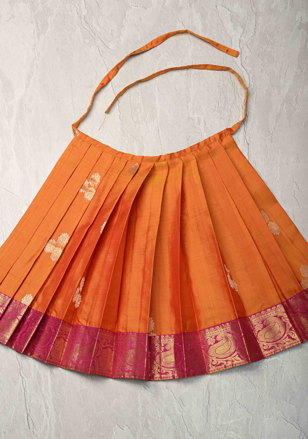 Mustard Zari Buttas on Pure Silk Pavadas with Pink Border for Varamahalakshmi with Pleated and Lined ( Lining )