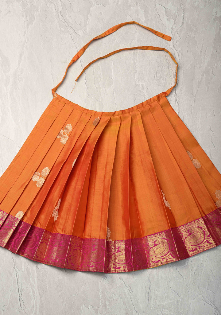 Mustard Zari Buttas on Pure Silk Pavadas with Pink Border for Varamahalakshmi with Pleated and Lined ( Lining )