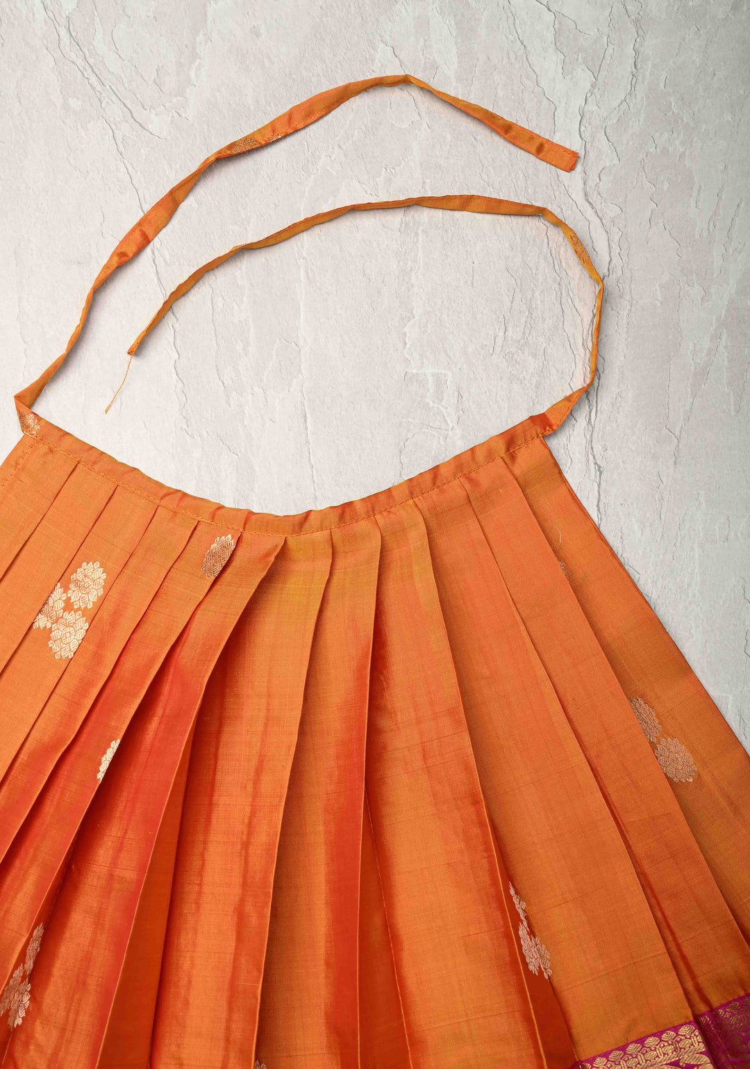 Mustard Zari Buttas on Pure Silk Pavadas with Pink Border for Varamahalakshmi with Pleated and Lined ( Lining )
