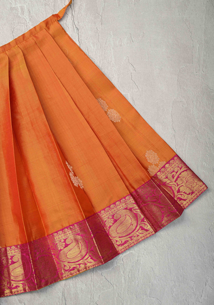 Mustard Zari Buttas on Pure Silk Pavadas with Pink Border for Varamahalakshmi with Pleated and Lined ( Lining )