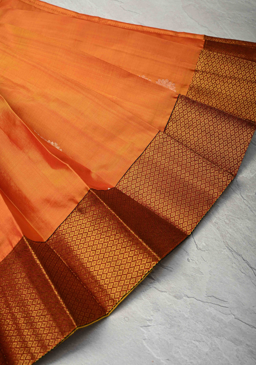 Orange Zari Buttas on Pure Silk Pavadas with Contrast Border for Varamahalakshmi with Pleated and Lined ( Lining )