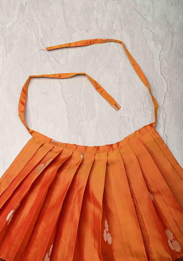 Orange Zari Buttas on Pure Silk Pavadas with Contrast Border for Varamahalakshmi with Pleated and Lined ( Lining )
