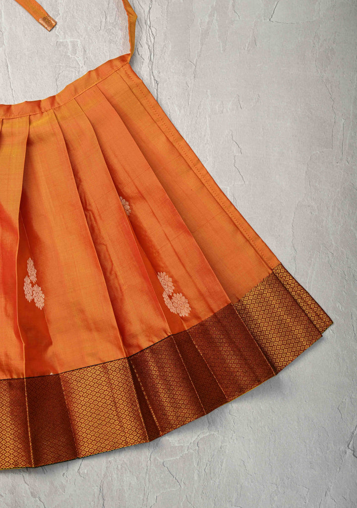 Orange Zari Buttas on Pure Silk Pavadas with Contrast Border for Varamahalakshmi with Pleated and Lined ( Lining )