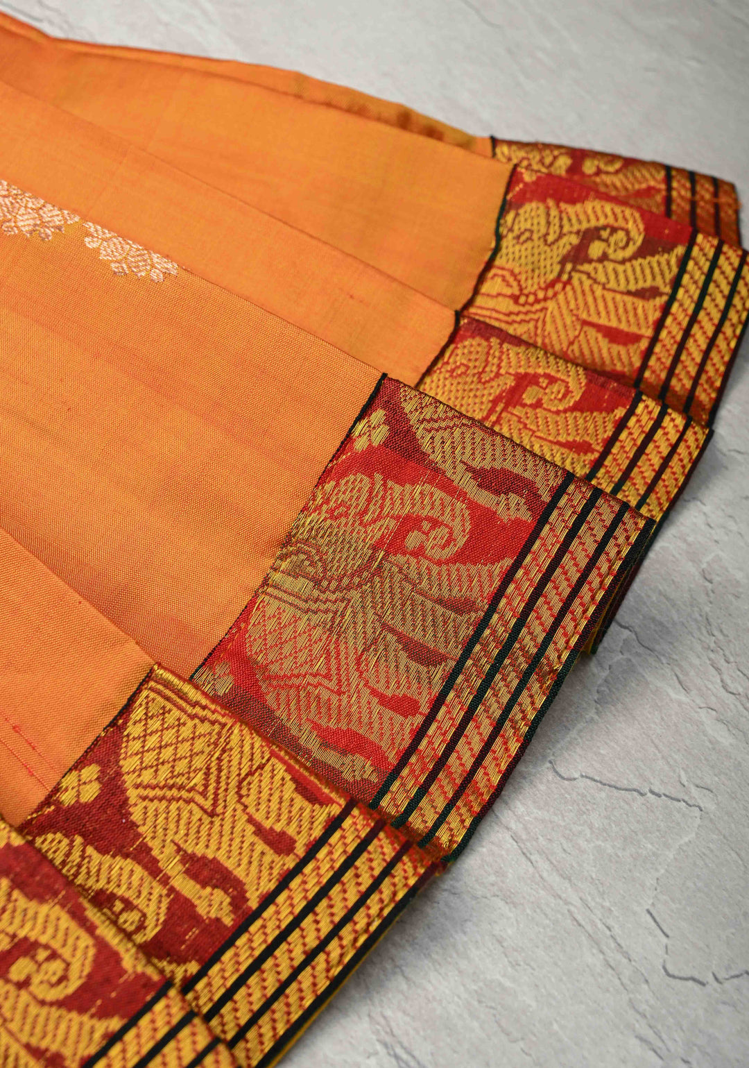 Mustard Zari Buttas on Pure Silk Pavadas with Contrast Border for Varamahalakshmi with Pleated and Lined ( Lining )