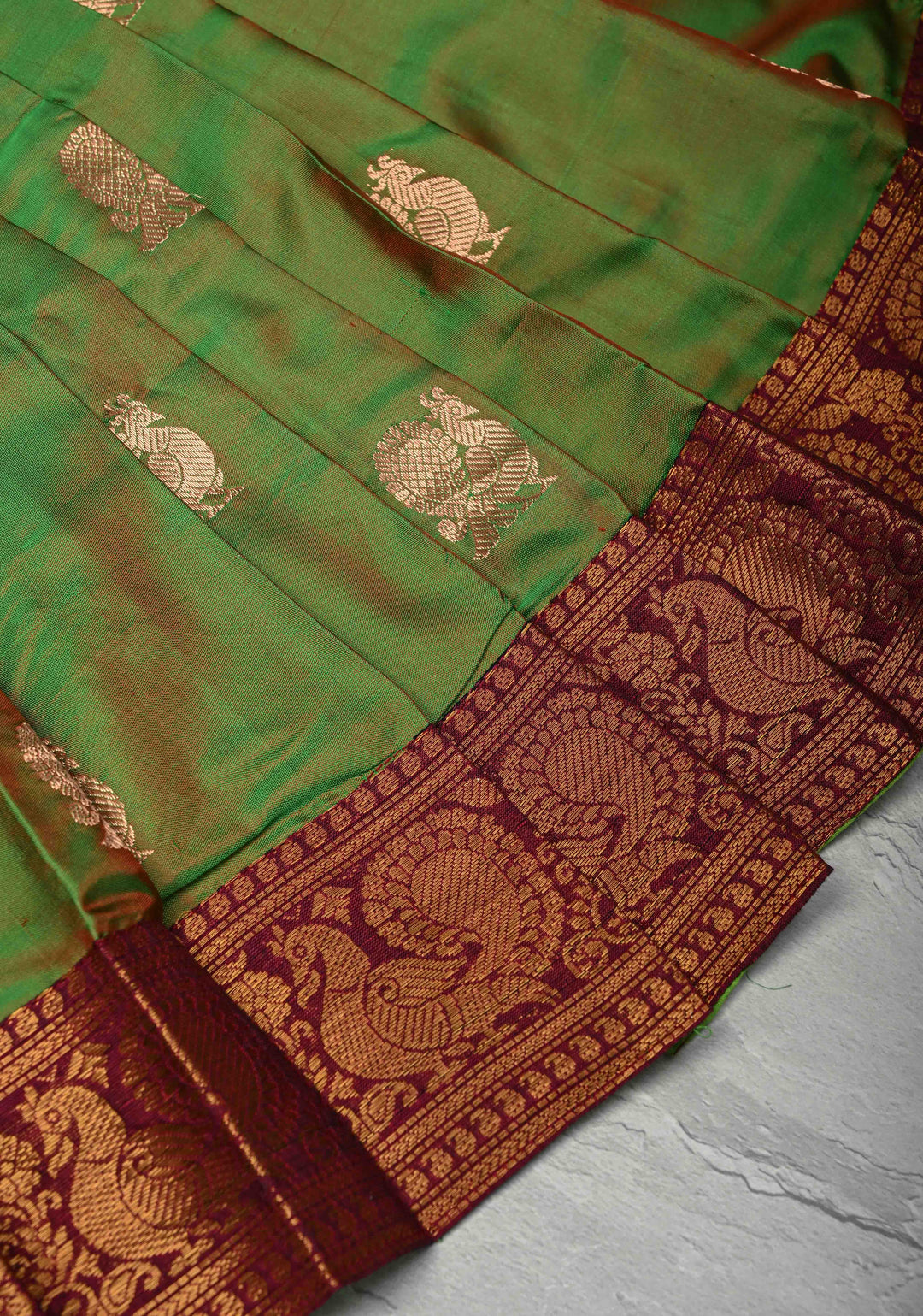 Green Dual tone Zari Buttas on Pure Silk Pavadas with Contrast Border for Varamahalakshmi with Pleated and Lined ( Lining )
