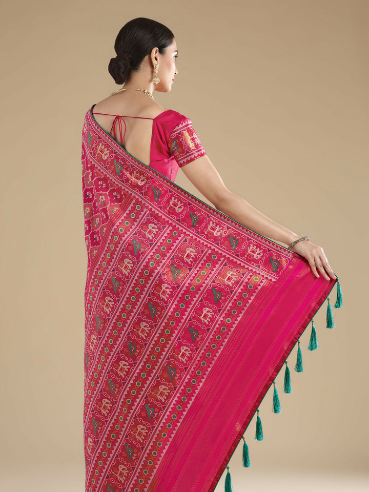 Rani Pink Semi Banarasi Satin Silk Saree With Patola Work | SHOBITAM