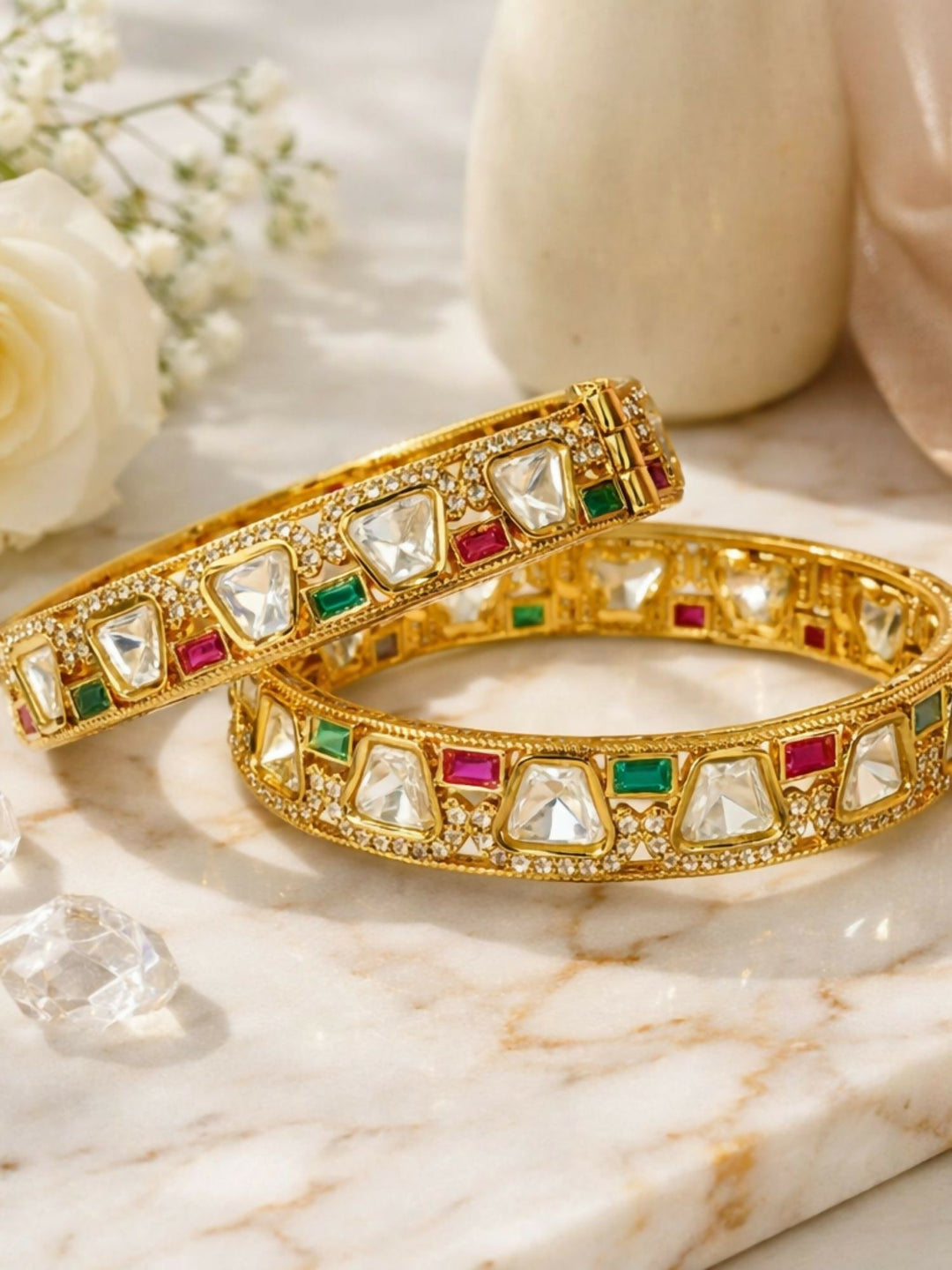 2.4 Gold Plated Multicolour Polki Moissanite Bangles | SHOBITAM
