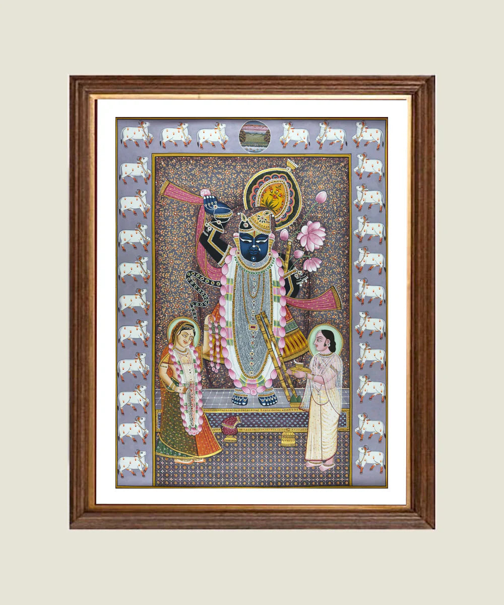 Shrinath ji with Cow Pichwai Hand Painting Unframed (3x4 Feet) | SHOBITAM