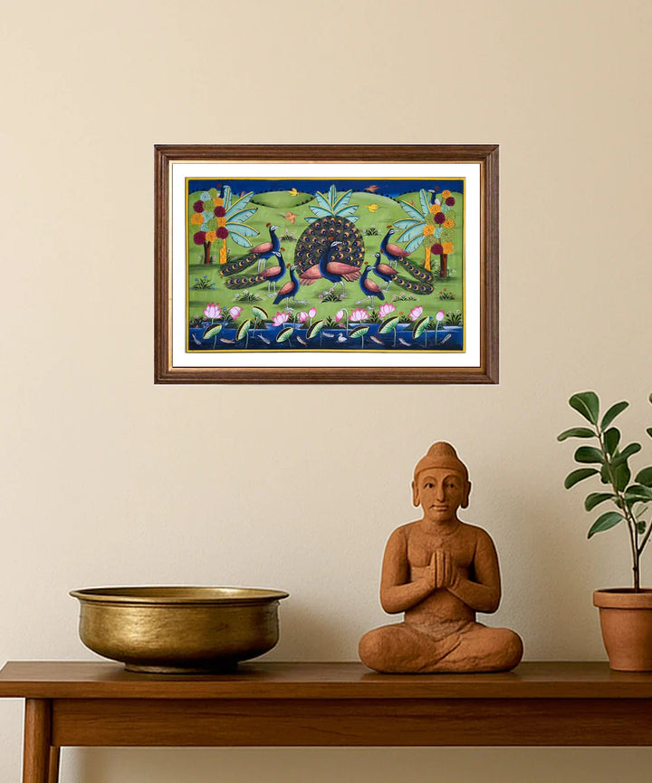 Dancing Peacocks by the Lotus Pond - Pichwai Hand Painting Unframed (16" x 10") | SHOBITAM