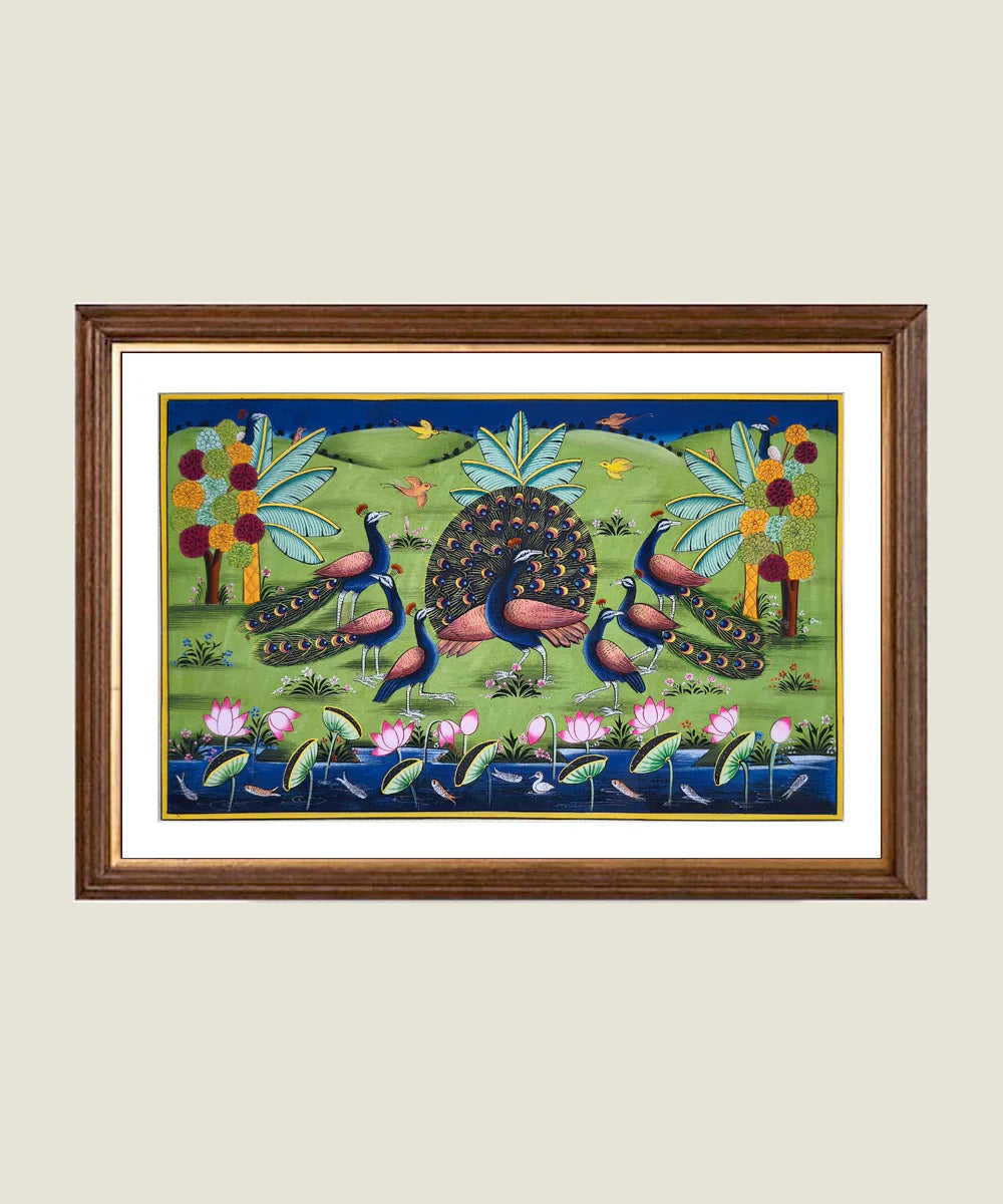Dancing Peacocks by the Lotus Pond - Pichwai Hand Painting Unframed (16" x 10") | SHOBITAM
