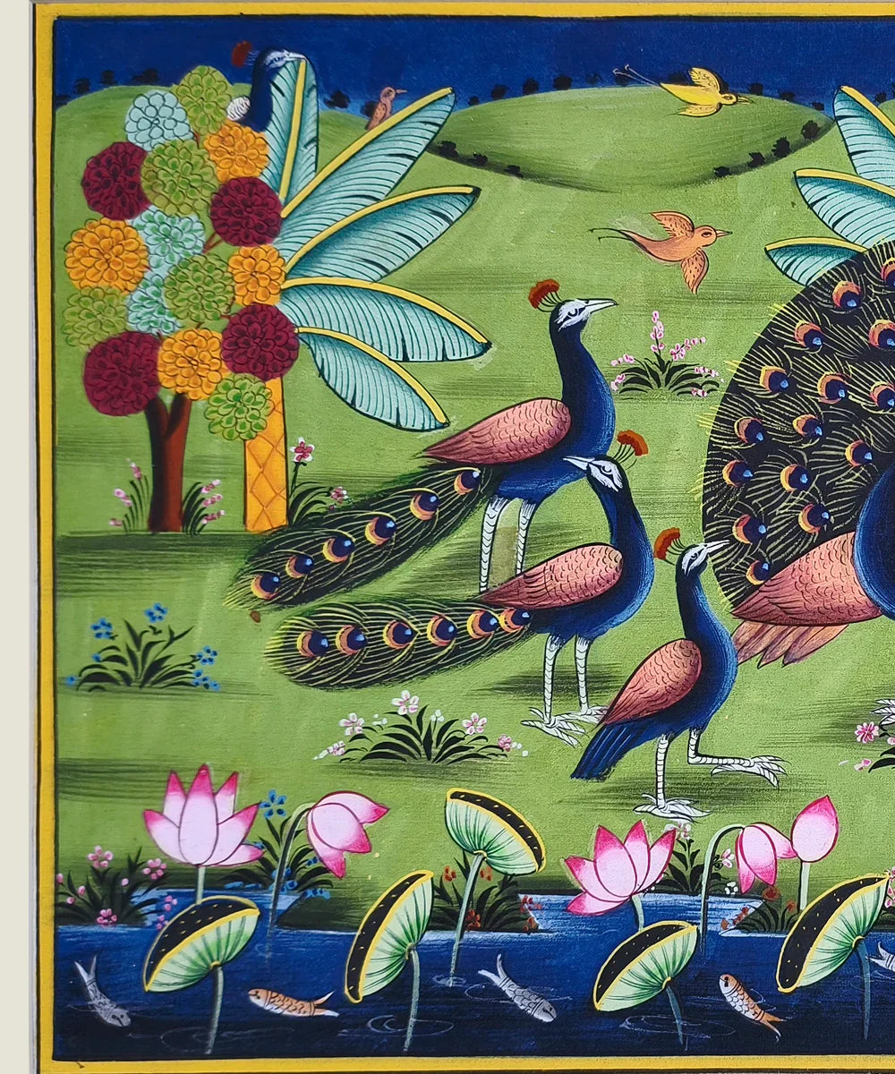 Dancing Peacocks by the Lotus Pond - Pichwai Hand Painting Unframed (16" x 10") | SHOBITAM
