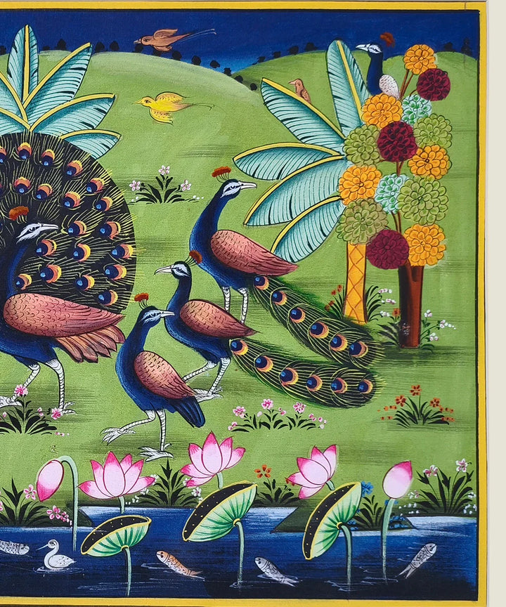 Dancing Peacocks by the Lotus Pond - Pichwai Hand Painting Unframed (16" x 10") | SHOBITAM