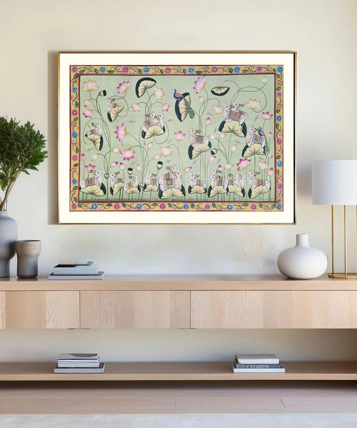 Authentic Pichwai Handpainting Art on Cloth 26 by 24" with Cows and Lotuses (Unframed)