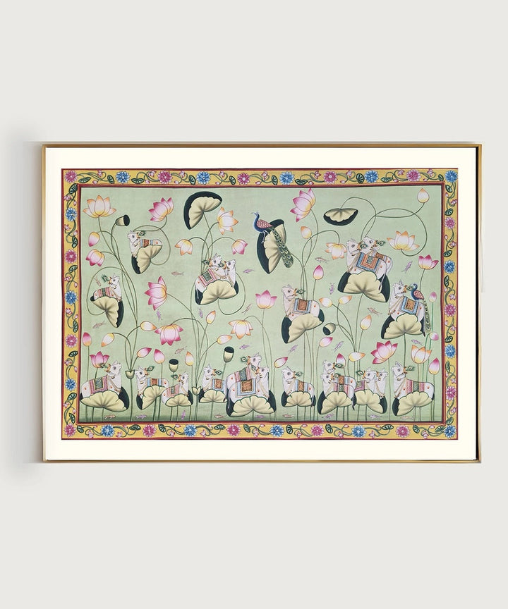 Authentic Pichwai Handpainting Art on Cloth 26 by 24" with Cows and Lotuses (Unframed)