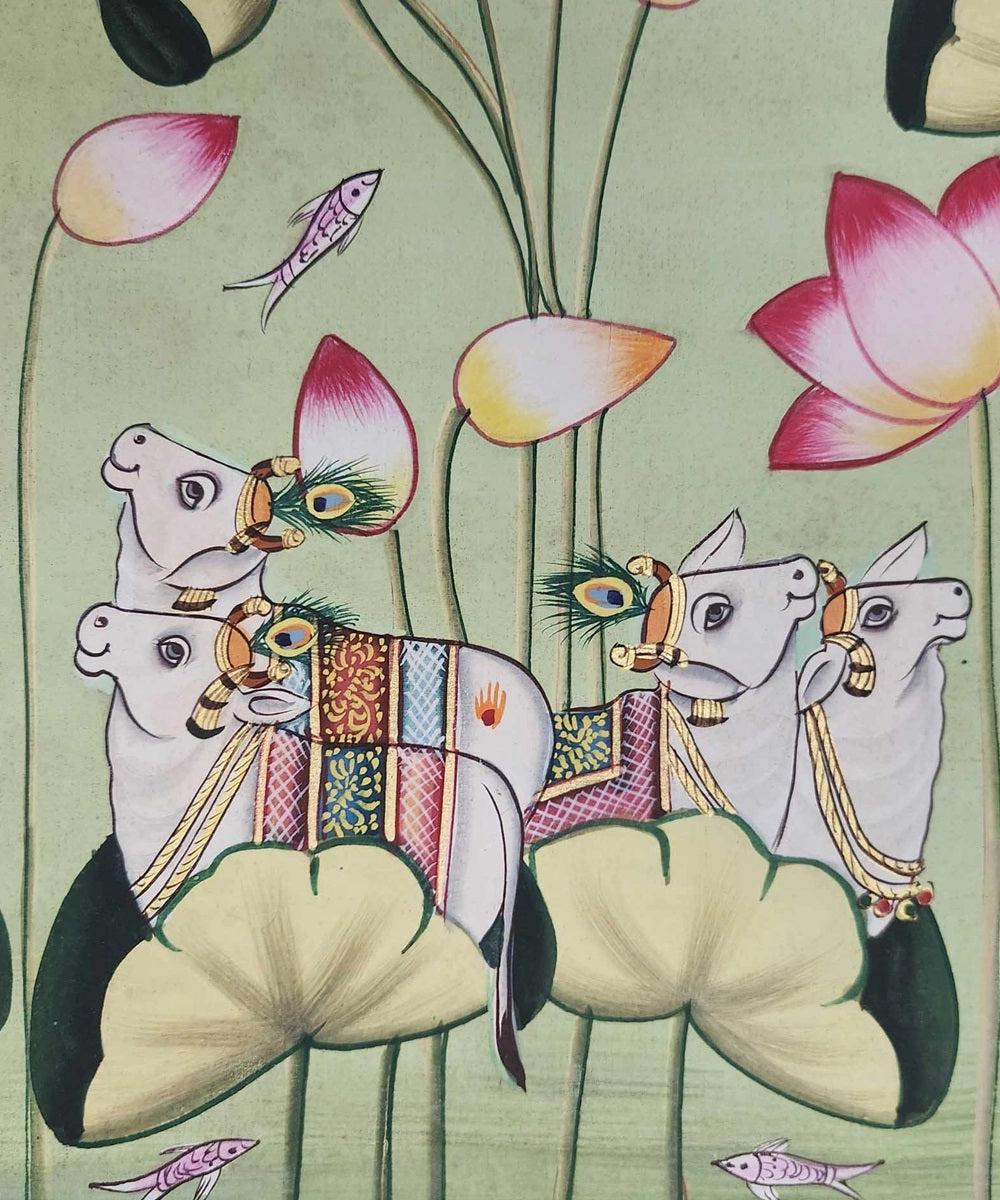 Authentic Pichwai Handpainting Art on Cloth 26 by 24" with Cows and Lotuses (Unframed)