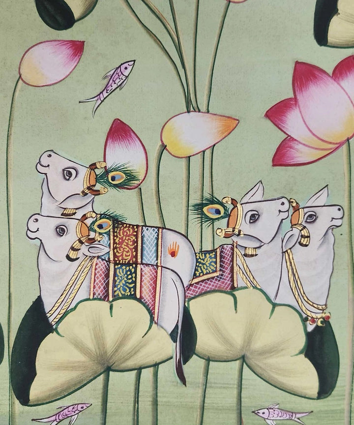 Authentic Pichwai Handpainting Art on Cloth 26 by 24" with Cows and Lotuses (Unframed)