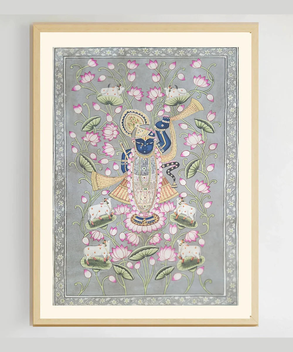 Pichwai Painting On Cloth| Shrinath & Lotus | 2x3 Feet | Unframmed | SHOBITAM