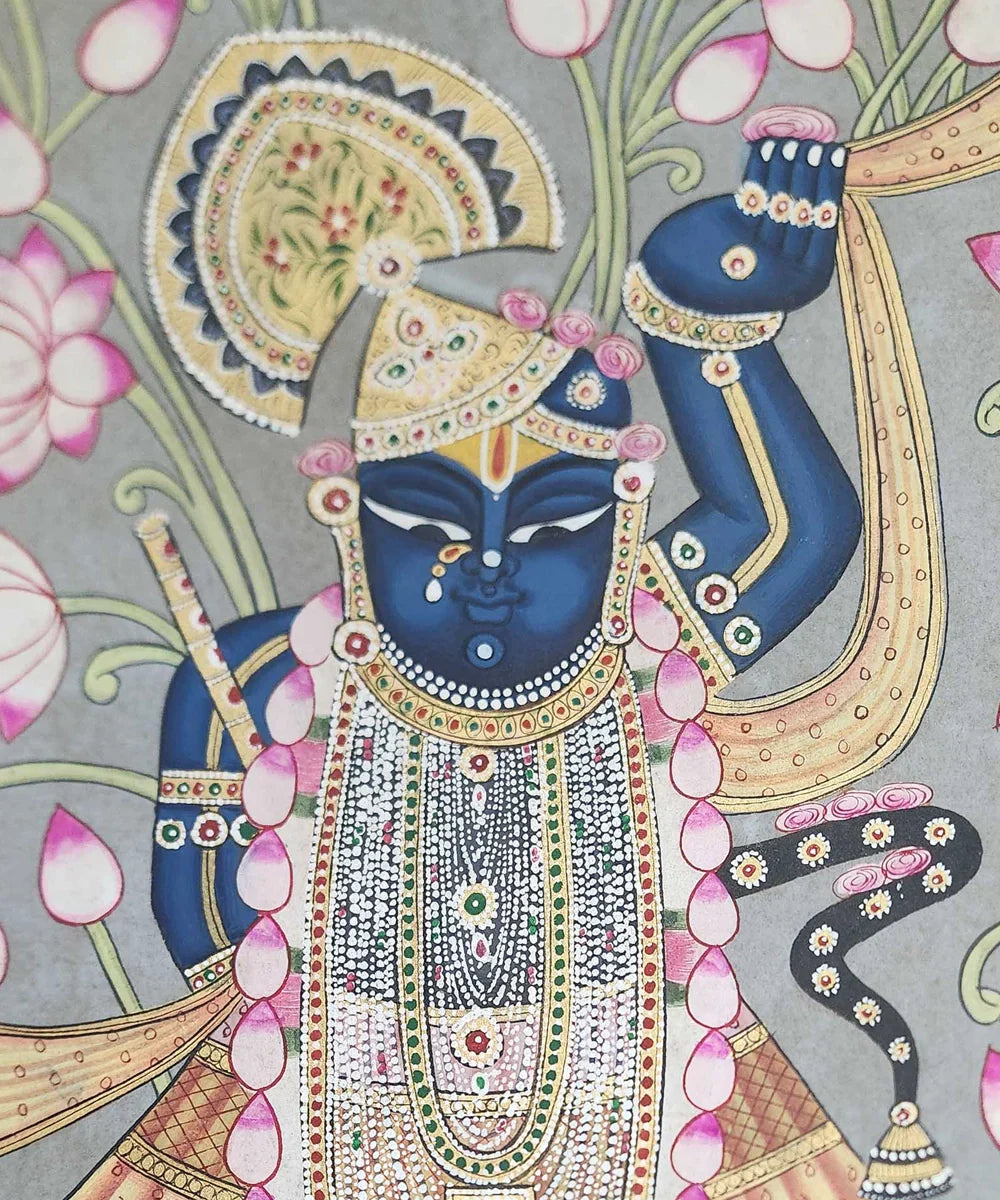 Pichwai Painting On Cloth| Shrinath & Lotus | 2x3 Feet | Unframmed | SHOBITAM