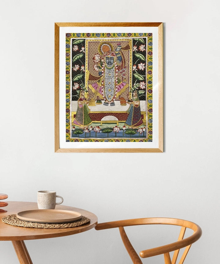 Shrinath ji with Gopi & Lotus Pichwai Hand Painting on Cloth Wall Art (Unframed)