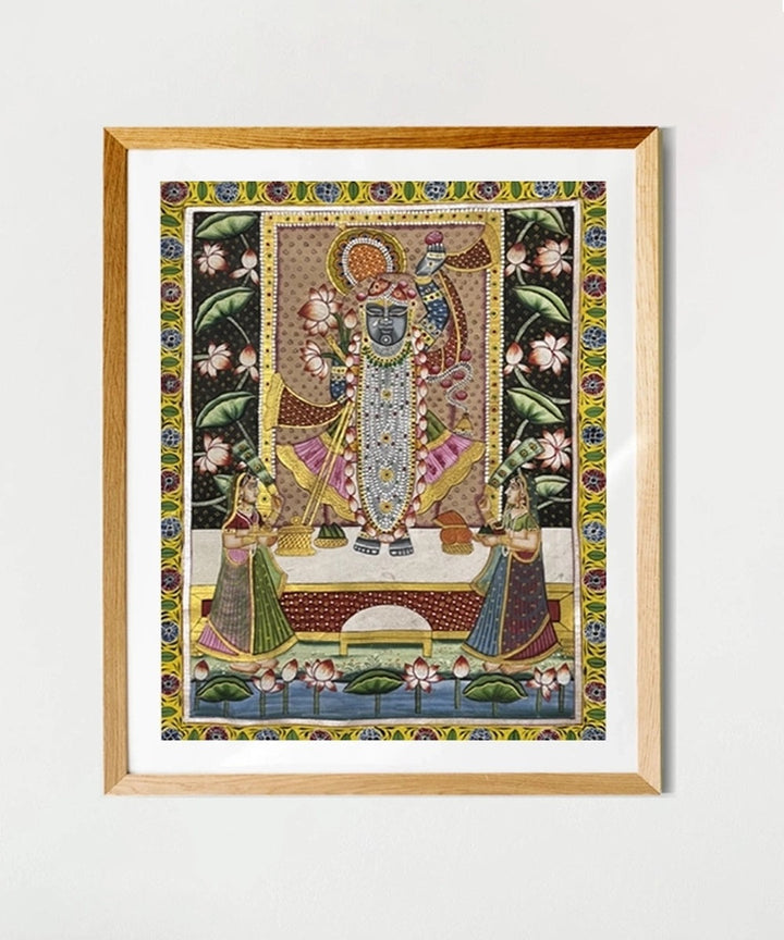 Shrinath ji with Gopi & Lotus Pichwai Hand Painting on Cloth Wall Art (Unframed)