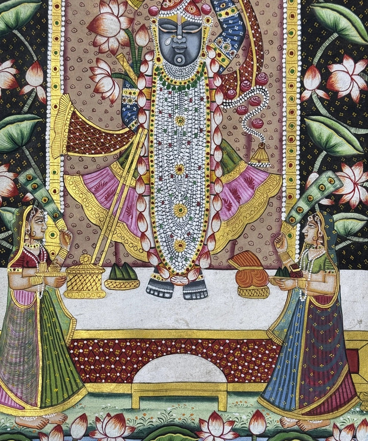 Shrinath ji with Gopi & Lotus Pichwai Hand Painting on Cloth Wall Art (Unframed)