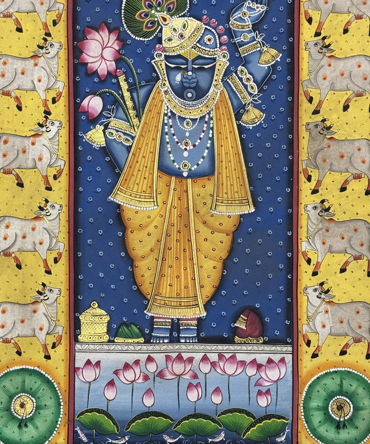 Srinathji and Cows Pichwai handpainting on Cloth 18 x 24 ( Unframed)