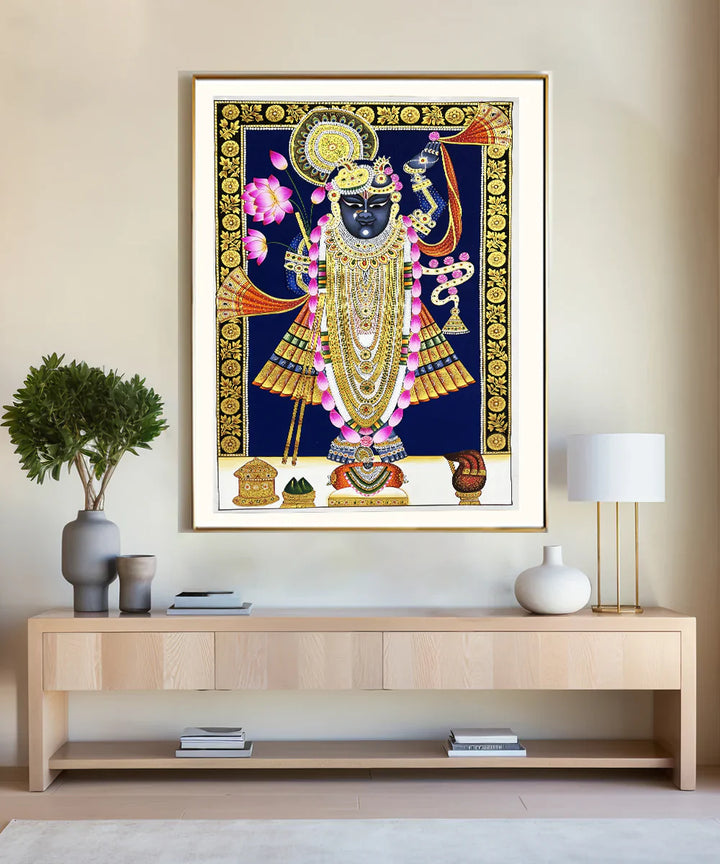Shrinath ji Pichwai Hand Painting Wall Art On Cloth 36" x 24"(Unframed)