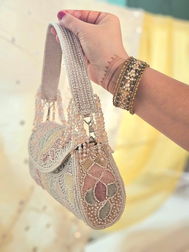 FROSTED BLOOM Floral Embroidered Beadwork Bag