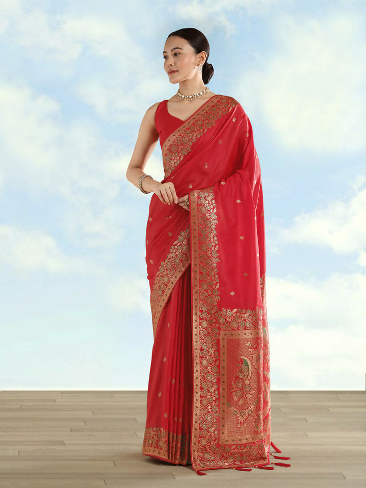 Red Semi Banarasi Satin silk Saree With Zari Border And Butti Work  | SHOBITAM