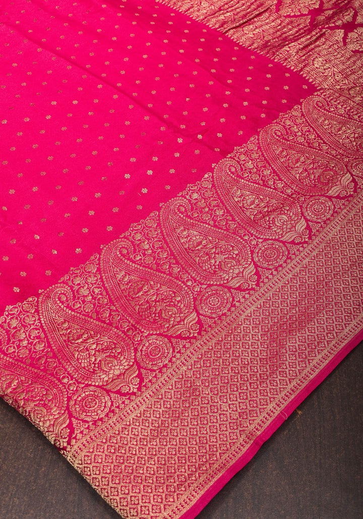 Preorder : Raspberry Pure Mysore Crepe Silk Saree with Paisley Skirt Border  | SILK MARK CERTIFIED